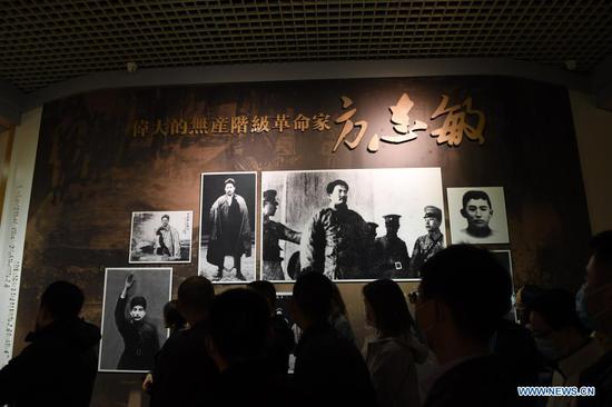 People visit the memorial hall of Fang Zhimin, a revolutionary martyr who died in 1935, in Nanchang, capital of east China's Jiangxi Province, April 7, 2021. (Xinhua/Zhou Mi)