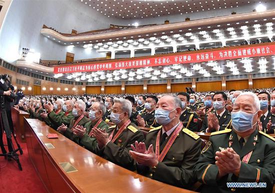 A meeting marking the 70th anniversary of the Chinese People's Volunteers entering the Democratic People's Republic of Korea to fight in the War to Resist U.S. Aggression and Aid Korea is held at the Great Hall of the People in Beijing, capital of China, Oct. 23, 2020. (Xinhua/Rao Aimin)