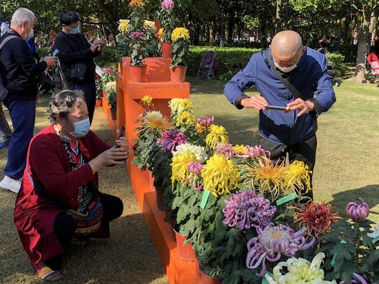 Elder people enjoy flowers at a park in Shanghai, east China, Oct. 25, 2020. (Xinhua/Huang Anqi)