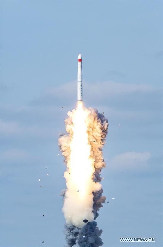 Nine satellites, belonging to the Jilin-1 Gaofen 03-1 group, are launched by a Long March-11 carrier rocket at the Yellow Sea, on Sept. 15, 2020. China successfully sent nine satellites into planned orbit at the Yellow Sea Tuesday. The nine satellites blasted off atop a Long March-11 carrier rocket, China's first sea-launched rocket, at 9:23 a.m. (Beijing Time). (Xinhua/Cai Yang)