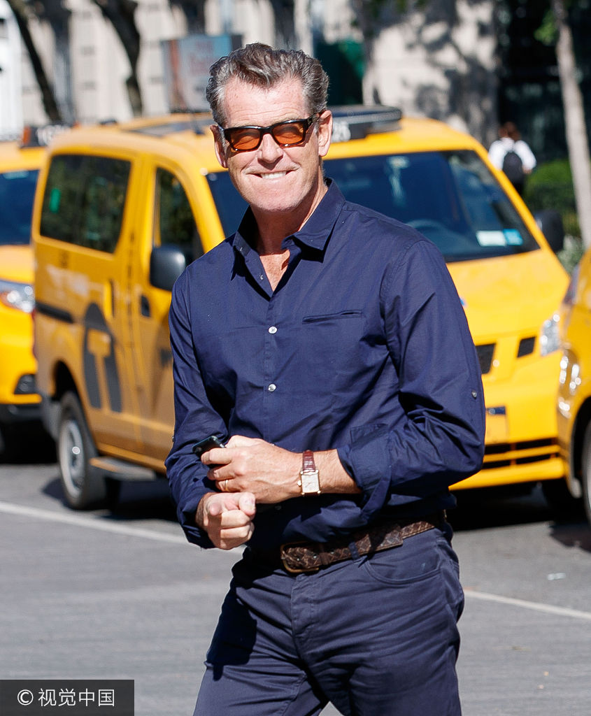 组图:布鲁斯南见狗仔一脸兴奋 年过60绅士范不减帅酷