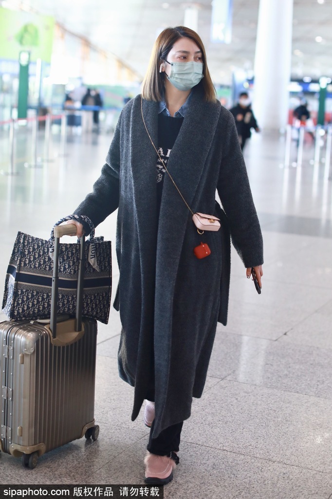 组图：洪欣推行李箱低调现身机场 穿灰色大衣简约又时尚