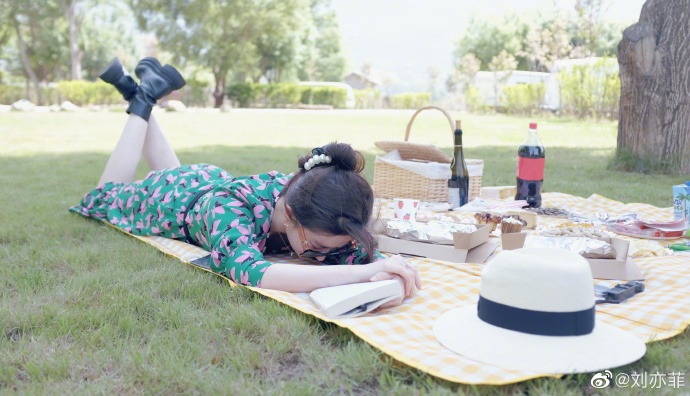 组图：刘亦菲分享户外野餐随拍 穿绿色长裙戴墨镜惬意自在