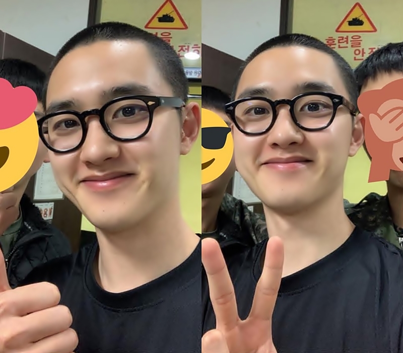 组图：EXO都暻秀入伍后近照公开 剃寸头戴黑框眼镜笑容温暖