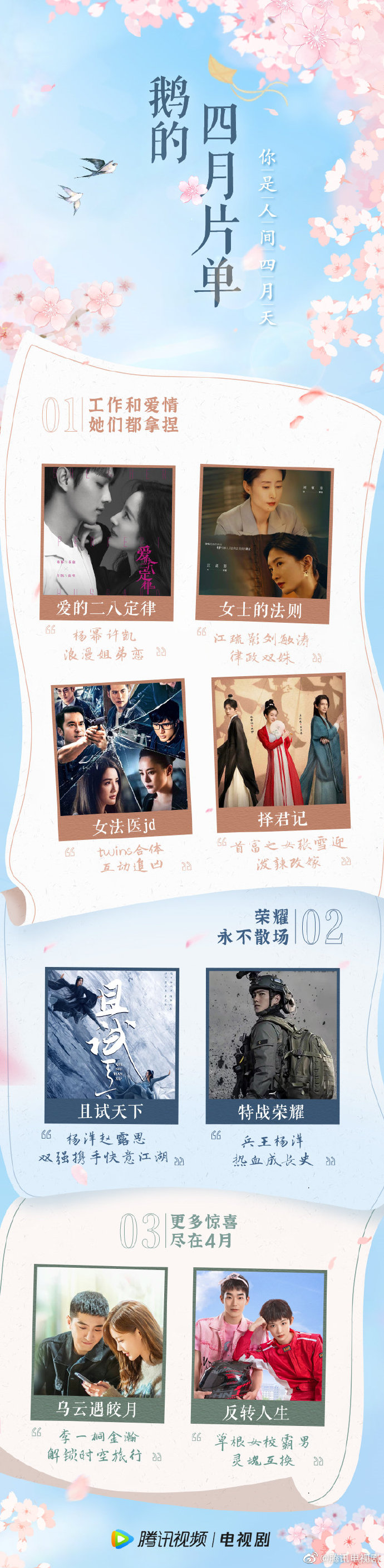 组图：腾讯四月片单新鲜出炉杨幂许凯杨洋赵露思等新剧将播第1张图片