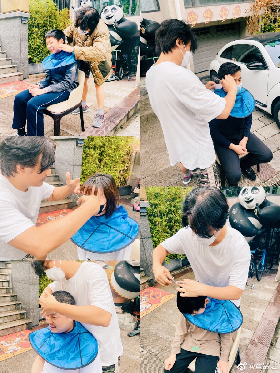 组图：章龄之分享老公陈龙近照摆摊为小区居民理发有模有样第2张图片