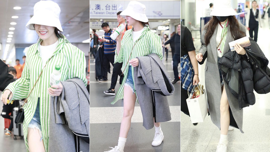 迪丽热巴渔夫帽挡眼露白牙 秀大长腿清新甜美