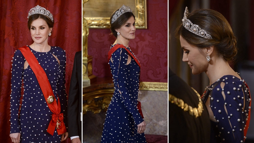 西班牙王室设宴迎葡萄牙总统 王妃戴皇冠高贵优雅