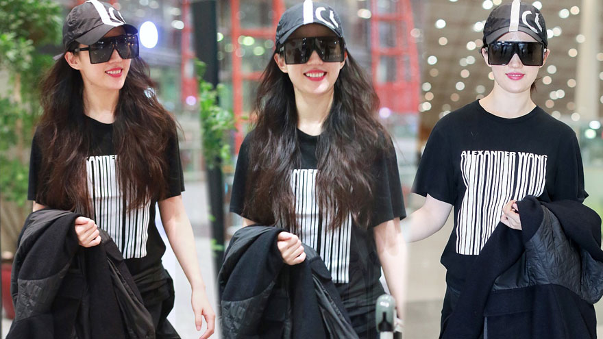 刘亦菲甜笑露齿肤白胜雪 全黑look玩转嘻哈风