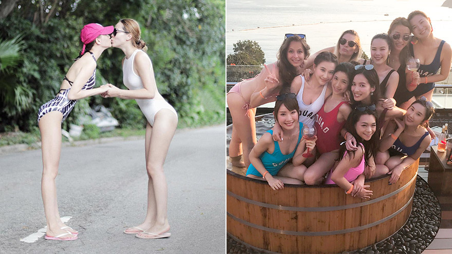 赌王最美千金何超莲与闺蜜玩亲亲 泳装出镜前凸后翘