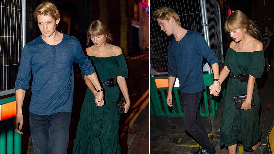 霉霉墨绿露肩长裙靓丽出街 获男友护驾一路牵手撒糖