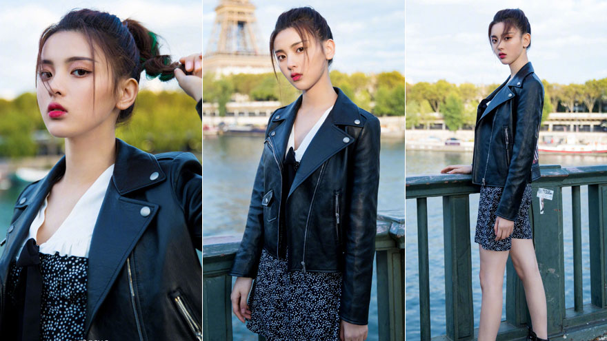 杨超越穿皮衣短裙梳马尾辫 甜中带酷颜值在线