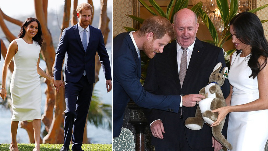 梅根王妃怀孕后穿贴身裙小腹微凸 获哈里王子牵手过草坪