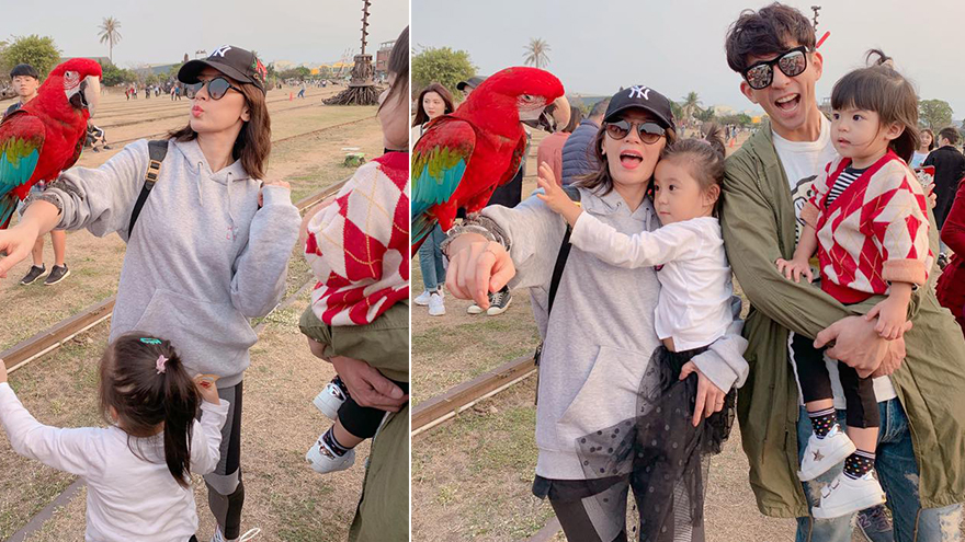贾静雯修杰楷一家高雄游玩 咘咘波妞逗鹦鹉表情认真