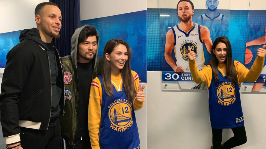 周杰伦带昆凌追星花式宠 爱妻身穿勇士球衣和库里合照