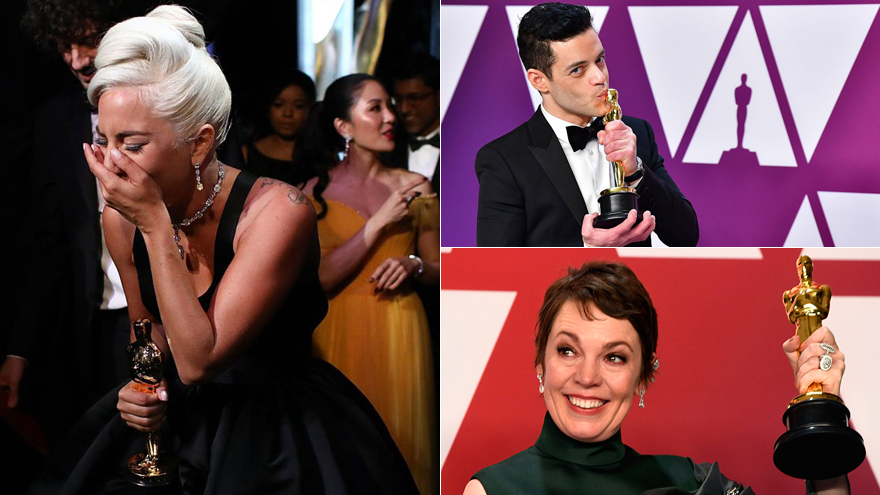 新科奥斯卡影帝后台亲吻奖杯 GAGA手握小金人掩面而泣