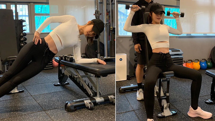 阿sa晒健身照秀好身材 拉伸举哑铃马甲线清晰可见