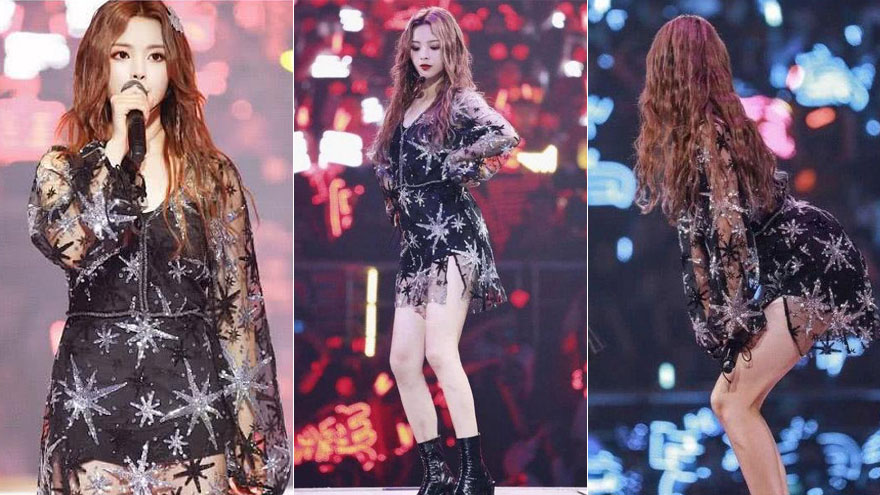 杨超越穿黑色蕾丝超短裙秀翘臀美腿 经典再现"梦露蹲"