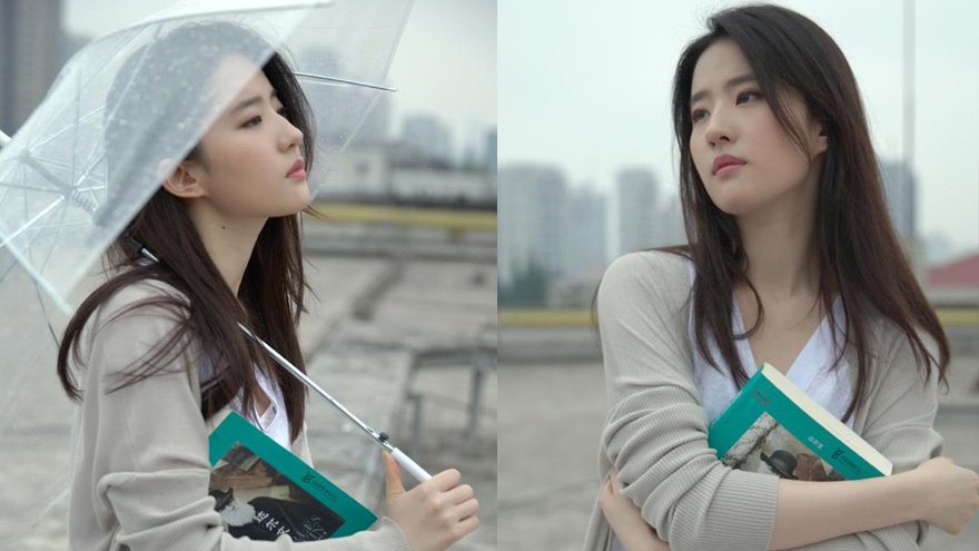 刘亦菲清纯旧照曝光 阴雨天撑伞捧书文艺范儿十足