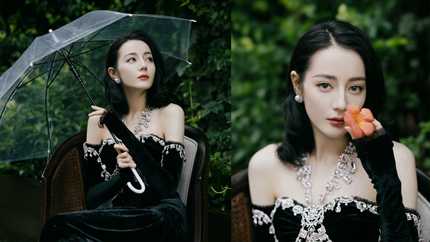 迪丽热巴穿黑色亮钻抹胸裙变童话公主 高贵优雅楚楚动人