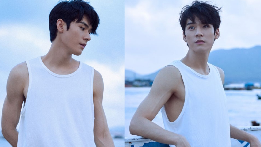 龚俊晒海边九宫格随拍 穿白色无袖t恤手臂肌肉线条优越