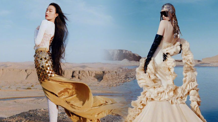 倪妮沙漠戈壁主题大片曝光 穿露背长裙身材比例优越