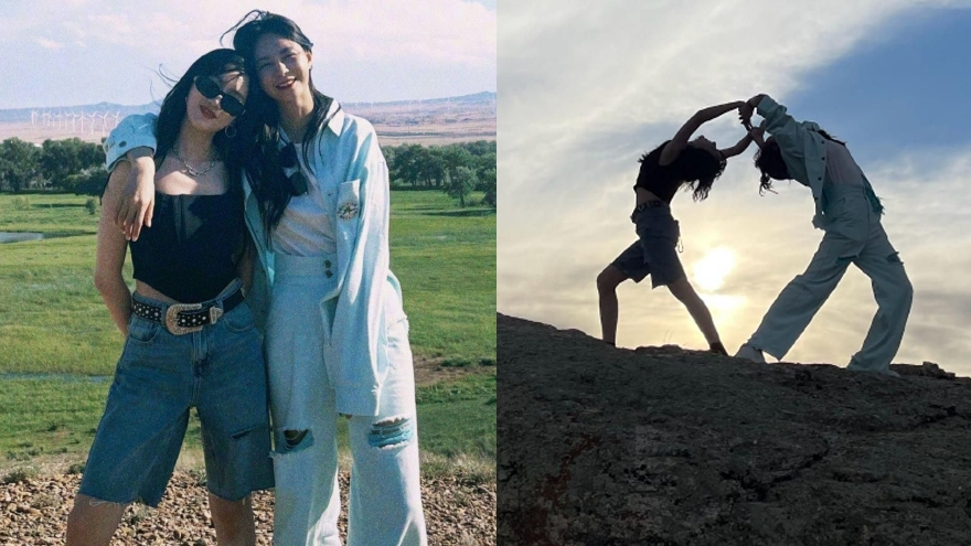 沈梦辰晒与好姐妹孟佳旅行照 与美景合照高难度比心