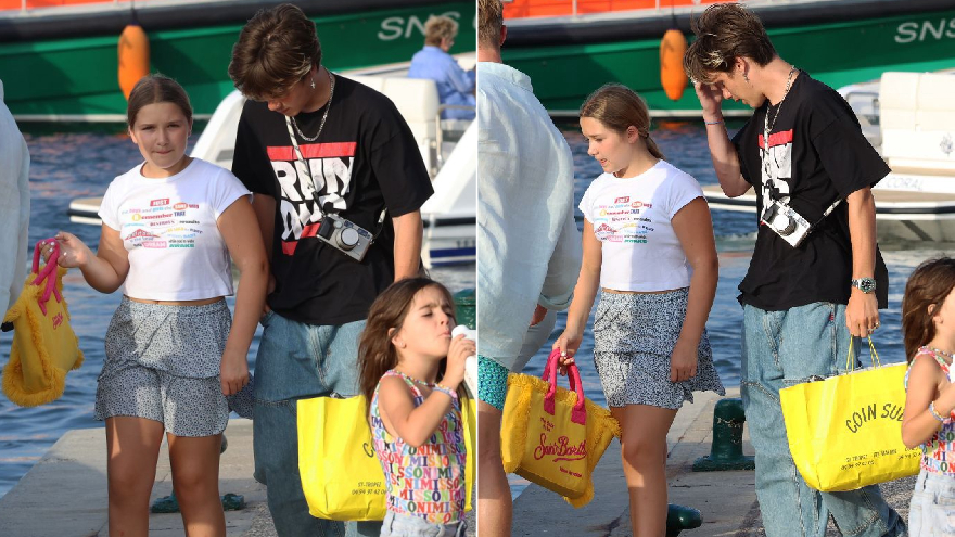 贝克汉姆小儿子与妹妹街头购物 小七穿T恤短裤圆乎乎超可爱