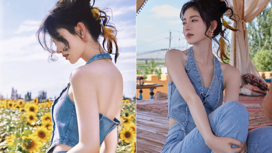 鞠婧祎化身向日葵女孩 露香肩美背肌肤吹弹可破