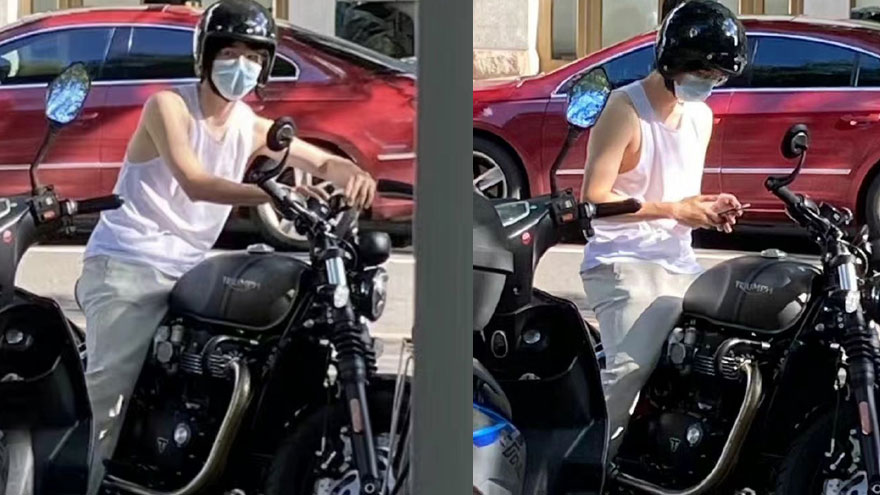 刘昊然骑摩托车被偶遇 穿白色无袖老头衫依旧帅气