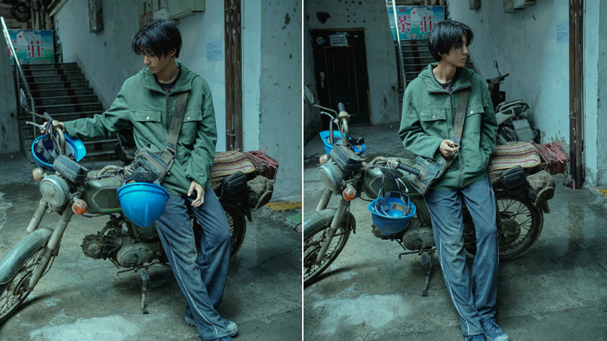 《断桥》王俊凯和小摩托合影 眼神坚定故事感十足