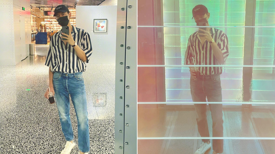 李现晒礼拜六对镜自拍 条纹衫牛仔裤男友风十足