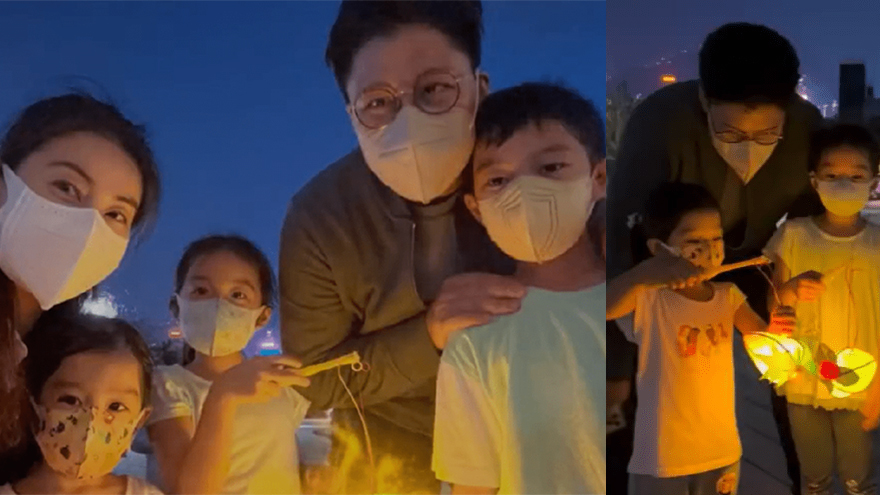 霍启刚郭晶晶一家五口公园赏月！穿着简单朴素幸福美满