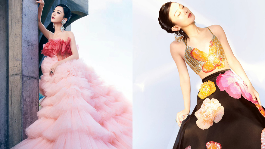 赵丽颖金秋风格大片 着花色裙搭蝴蝶耳饰露精致腰线
