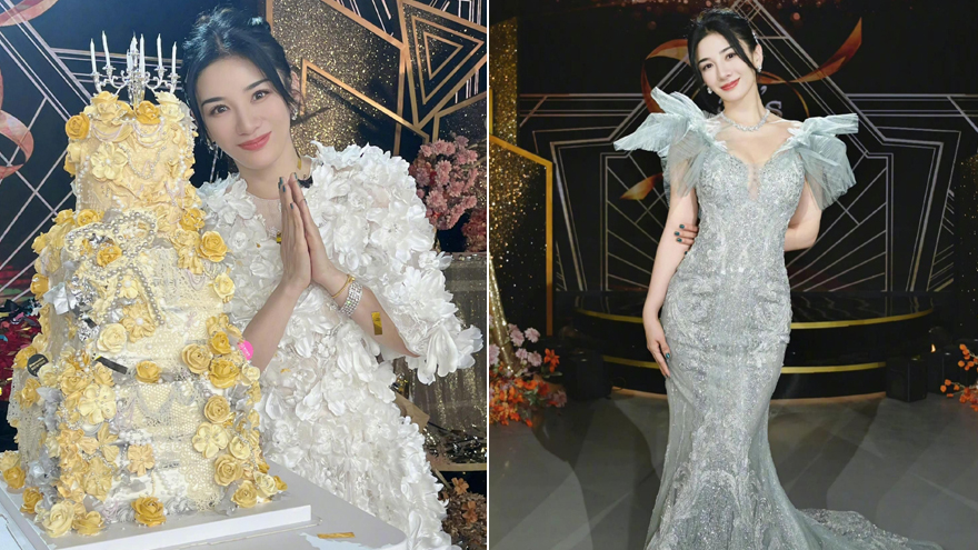 黄奕穿深v花瓣礼服歪头靠在蛋糕旁 甜美优雅气质佳