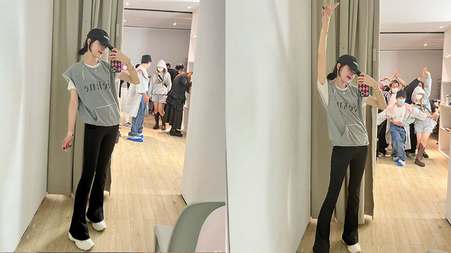 唐嫣对镜自拍大长腿抢镜 和团队小伙伴互动有爱