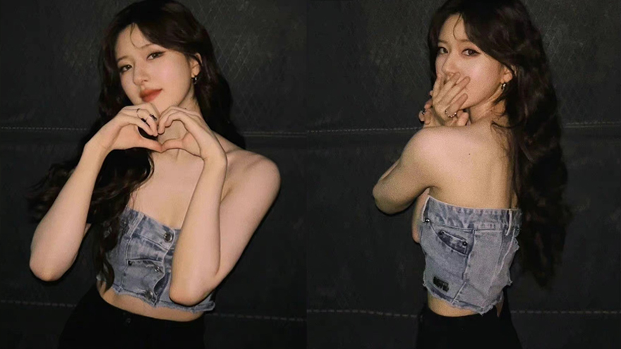 赵露思牛仔抹胸造型秀香肩美背 烟熏浓妆性感十足