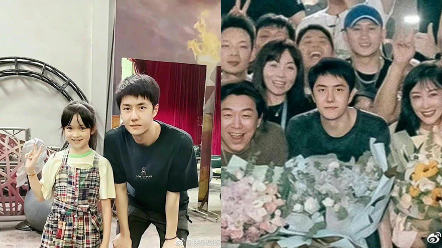 王一博与《热烈》剧组小演员合影 弯腰微笑充满亲和力