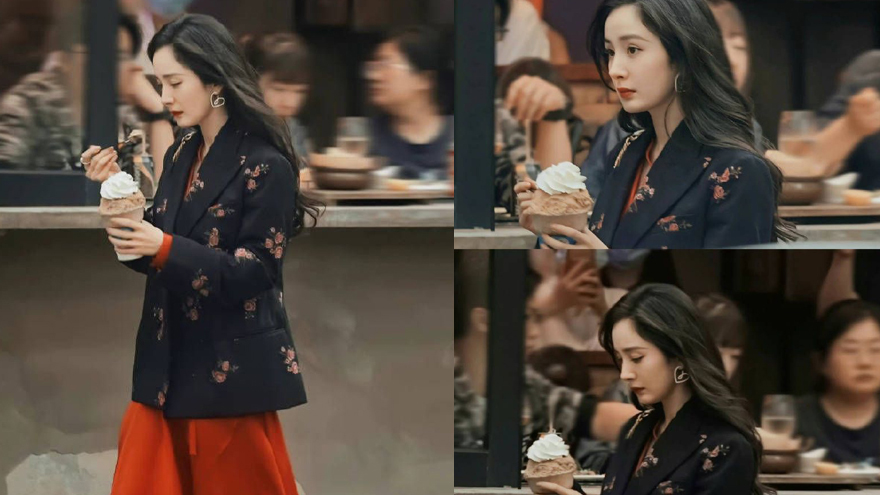 杨幂《爱的二八定律》新造型 着印花西装红裙气场全开