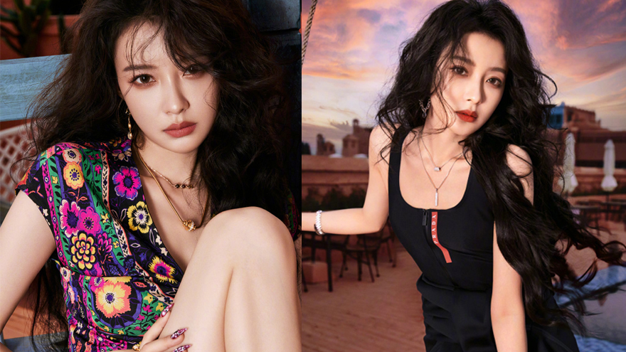 孙怡穿镂空长裙拍男人装 黑卷发配红唇风情万种