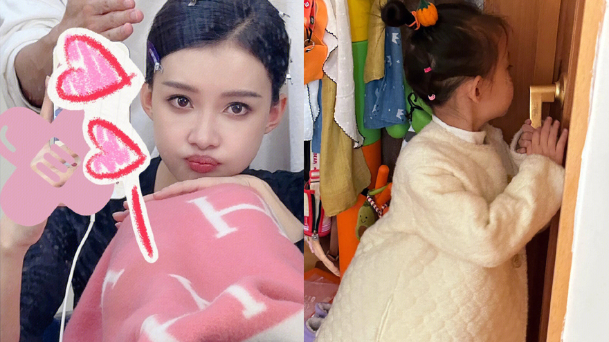 孙怡万圣节给女儿化美妆 大福戴南瓜头饰侧颜软萌可爱