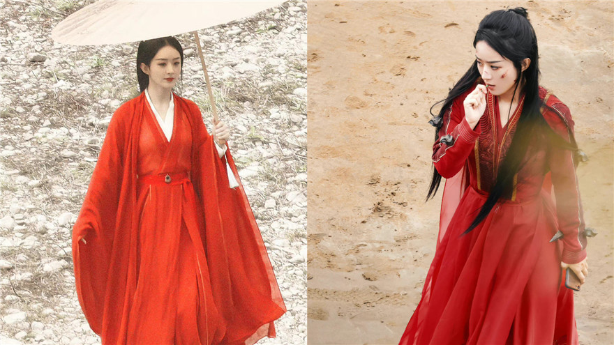 赵丽颖《与凤行》最新路透曝光 身着红衣撑伞美艳昳丽