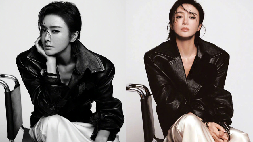 秦岚背头短发造型气场全开 皮衣搭白裙随性无畏