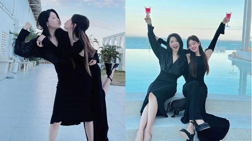 美女贴贴！曾黎晒与赵露思合照 二人海边开心举杯
