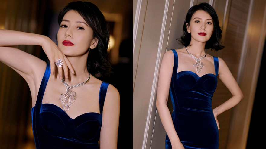 高圆圆穿丝绒礼服大秀身材 妆容精致手臂纤细气质高贵