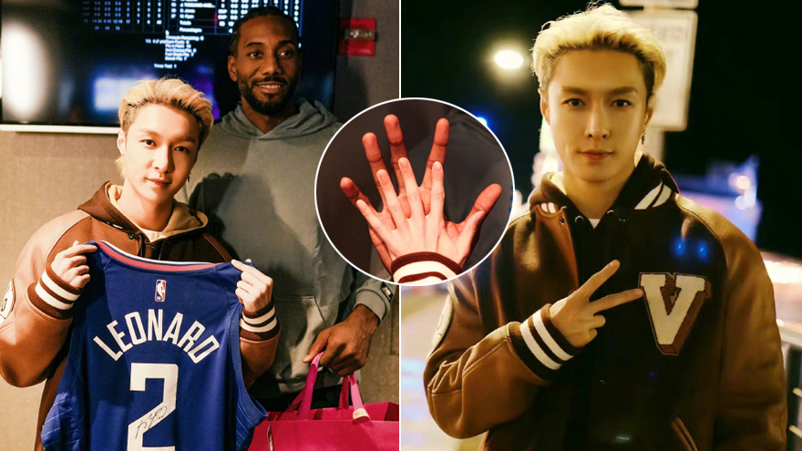 张艺兴成功追星NBA球星伦纳德 互换球衣比较手掌大小