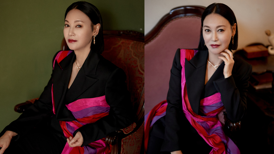 惠英红晒金鸡奖造型大片 彩色飘带西装亦刚亦柔显风雅