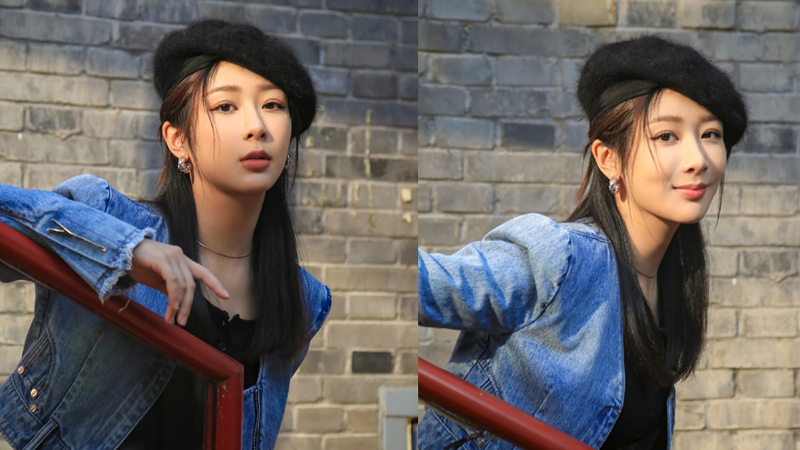 杨紫牛仔衬衫搭贝雷帽 阳光下秀发搭肩活泼灵动