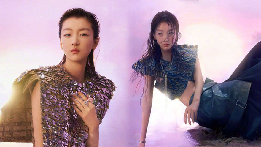 周冬雨沙滩露腰时尚大片 粉红迷雾搭湿发造型气场全开