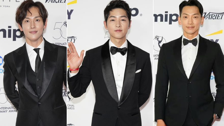 宋仲基Rain任时完亮相艾美奖 红毯造型均为黑色西装